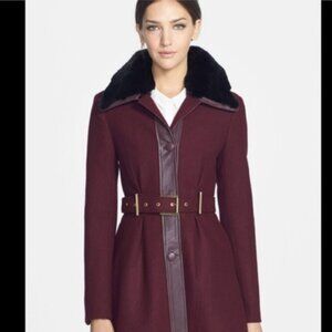 Badgley Mischka Burgundy Coat with Black Faux Fur Collar